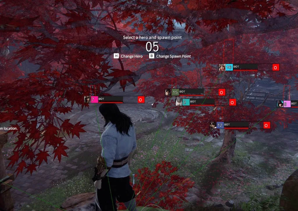 NARAKA BLADEPOINT gameplay showing player boxes through maple trees during spawn select